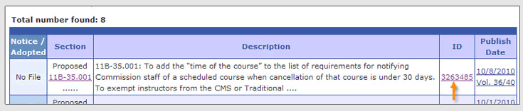 The notice ID is found in the fourth column, labeled 'ID'.
