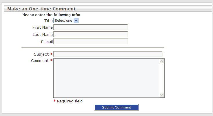 Screenshot of the one-time comment form. This form includes: title, first name, last name, e-mail address, subject and comment. Subject and comment are the only required fields.